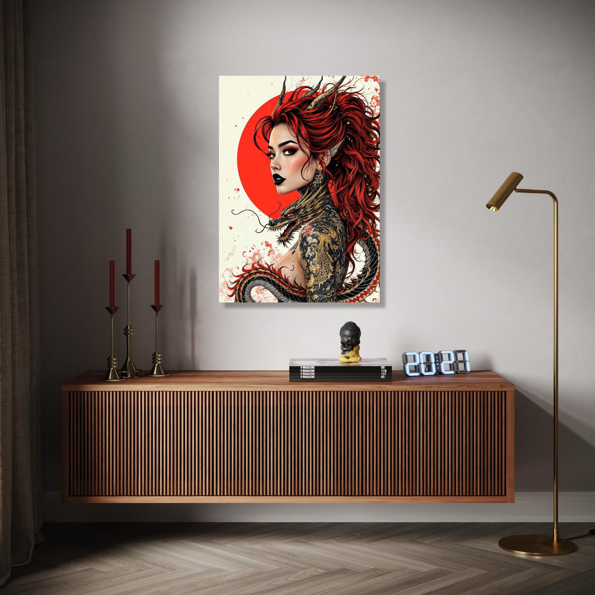 Fierce Red-Haired Woman with Dragon Tattoo, Asian Mythology Canvas, Fantasy Art Portrait, Gothic Wall Decor, Gift Art, Home Decor, Print