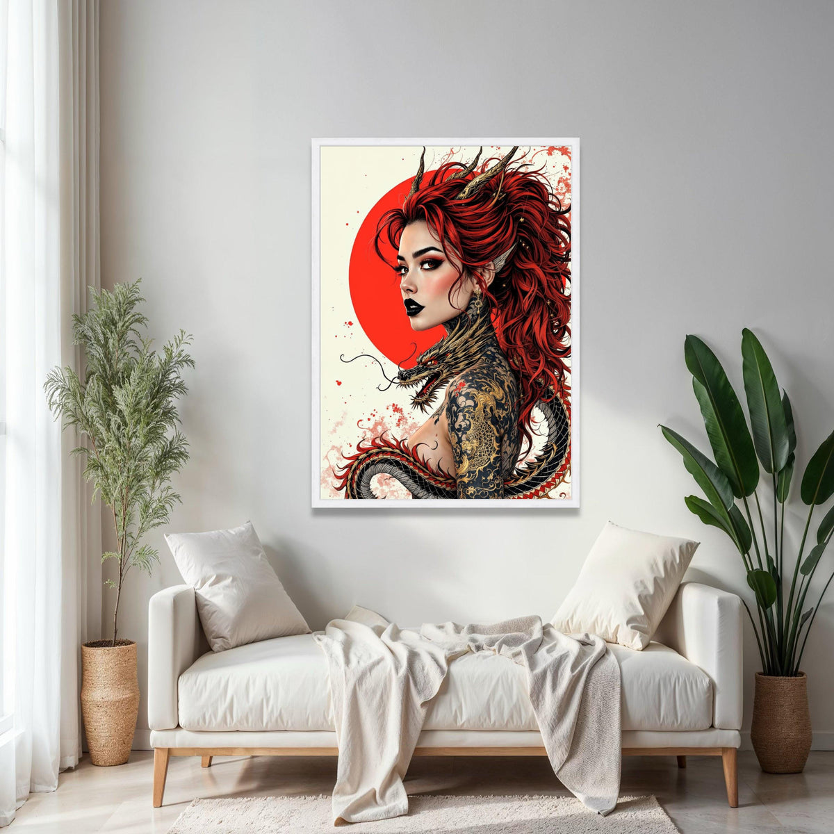 Fierce Red-Haired Woman with Dragon Tattoo, Asian Mythology Canvas, Fantasy Art Portrait, Gothic Wall Decor, Gift Art, Home Decor, Print