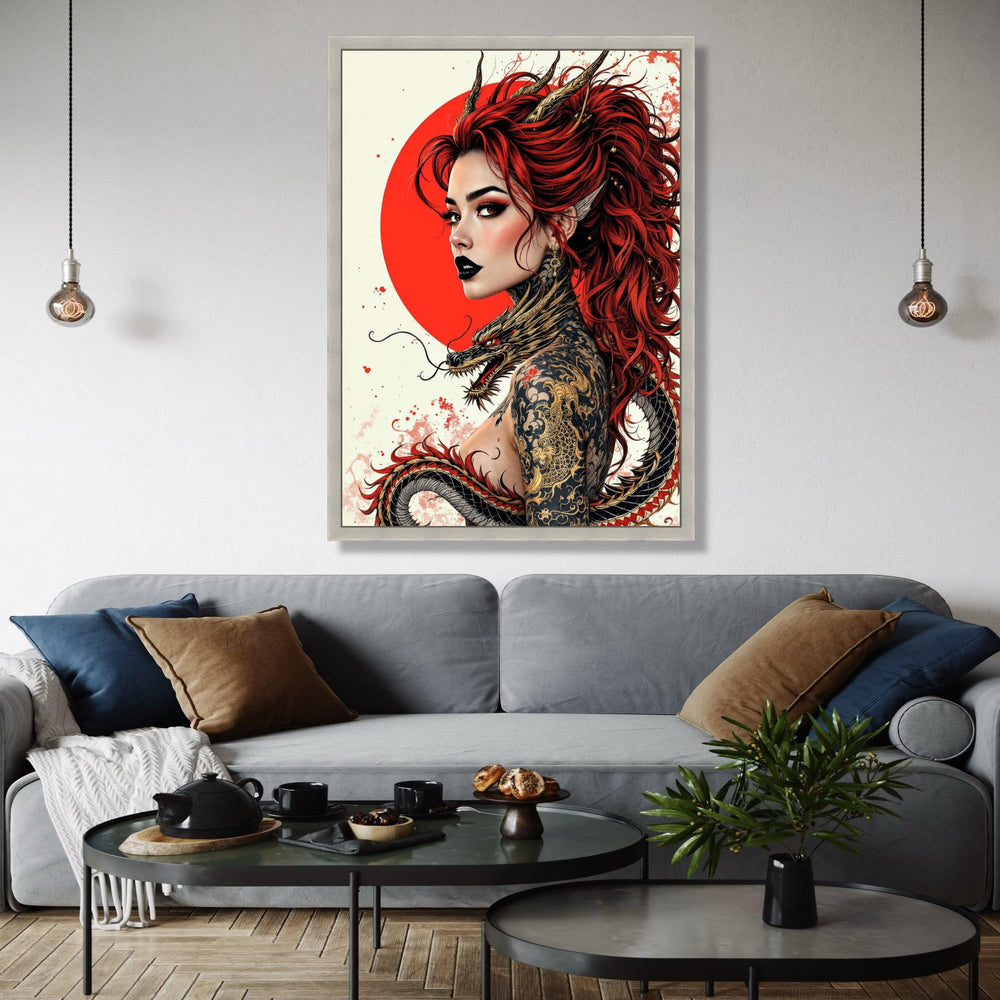Fierce Red-Haired Woman with Dragon Tattoo, Asian Mythology Canvas, Fantasy Art Portrait, Gothic Wall Decor, Gift Art, Home Decor, Print
