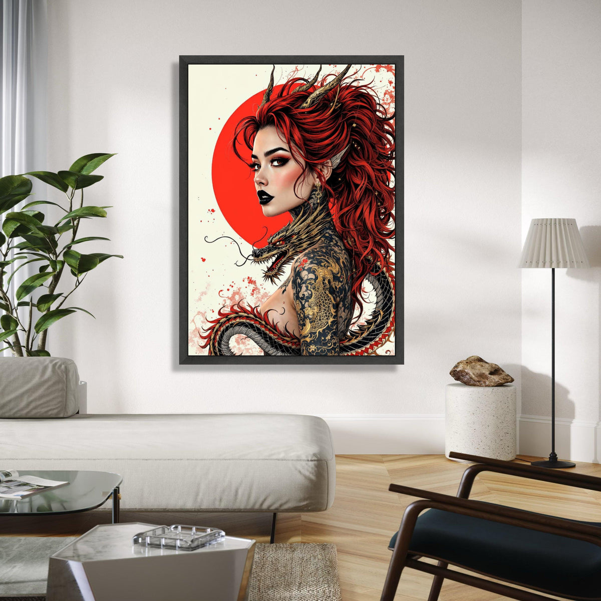 Fierce Red-Haired Woman with Dragon Tattoo, Asian Mythology Canvas, Fantasy Art Portrait, Gothic Wall Decor, Gift Art, Home Decor, Print