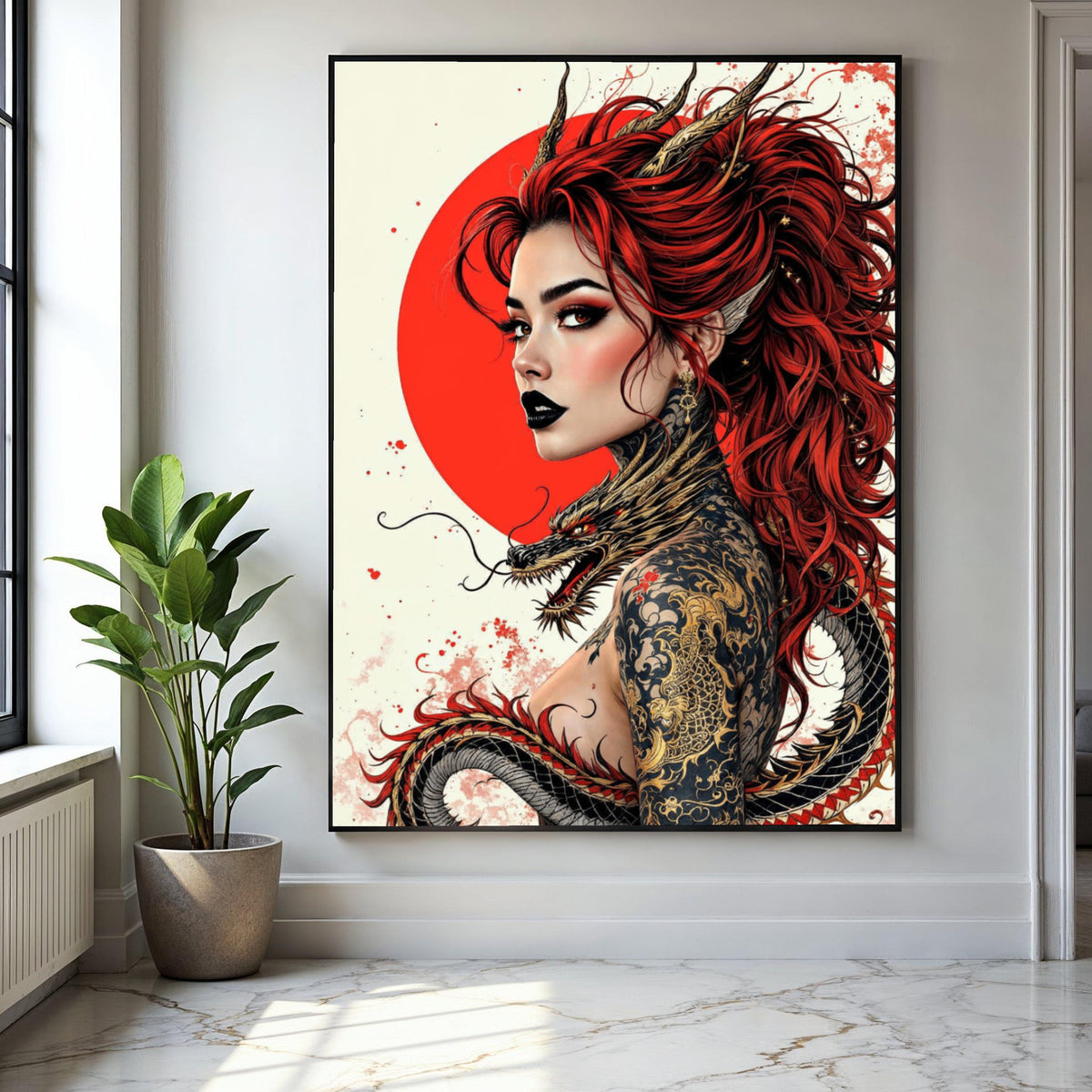 Fierce Red-Haired Woman with Dragon Tattoo, Asian Mythology Canvas, Fantasy Art Portrait, Gothic Wall Decor, Gift Art, Home Decor, Print