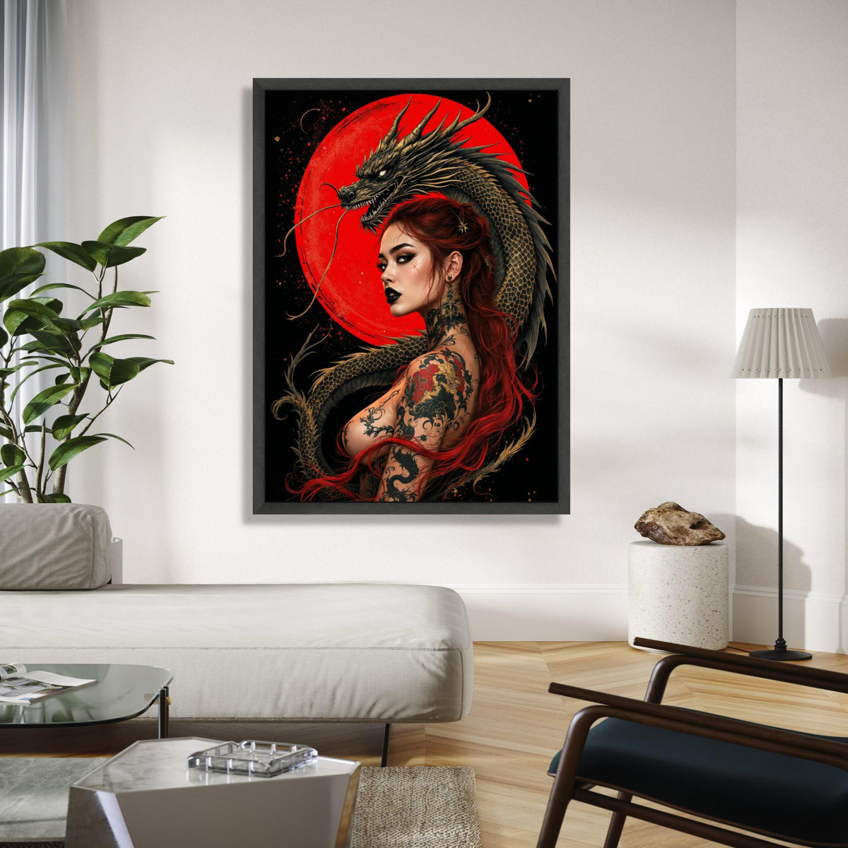 Fierce Red-Haired Woman with Dragon Tattoo, Japanese Art Canvas, Mythical Dragon Wall Art, Asian Tattoo Design, Gift Art, Home Decor, Print