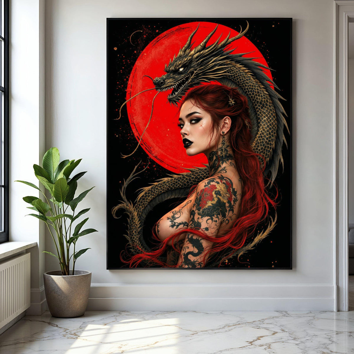 Fierce Red-Haired Woman with Dragon Tattoo, Japanese Art Canvas, Mythical Dragon Wall Art, Asian Tattoo Design, Gift Art, Home Decor, Print