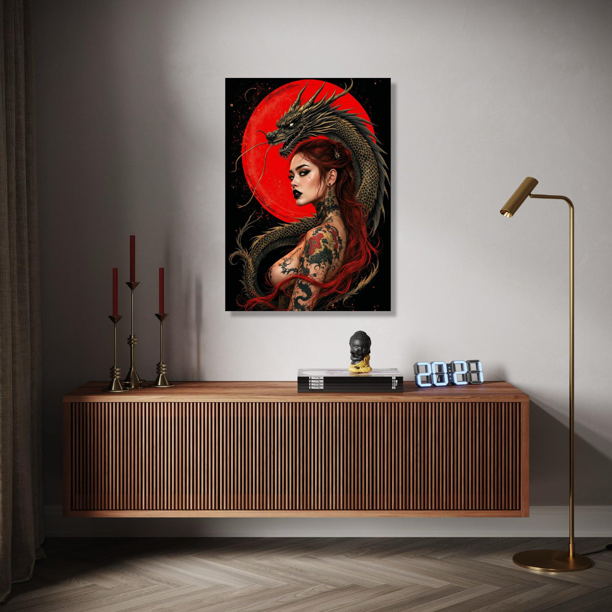 Fierce Red-Haired Woman with Dragon Tattoo, Japanese Art Canvas, Mythical Dragon Wall Art, Asian Tattoo Design, Gift Art, Home Decor, Print