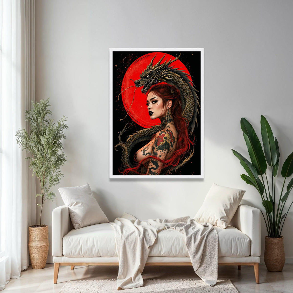 Fierce Red-Haired Woman with Dragon Tattoo, Japanese Art Canvas, Mythical Dragon Wall Art, Asian Tattoo Design, Gift Art, Home Decor, Print