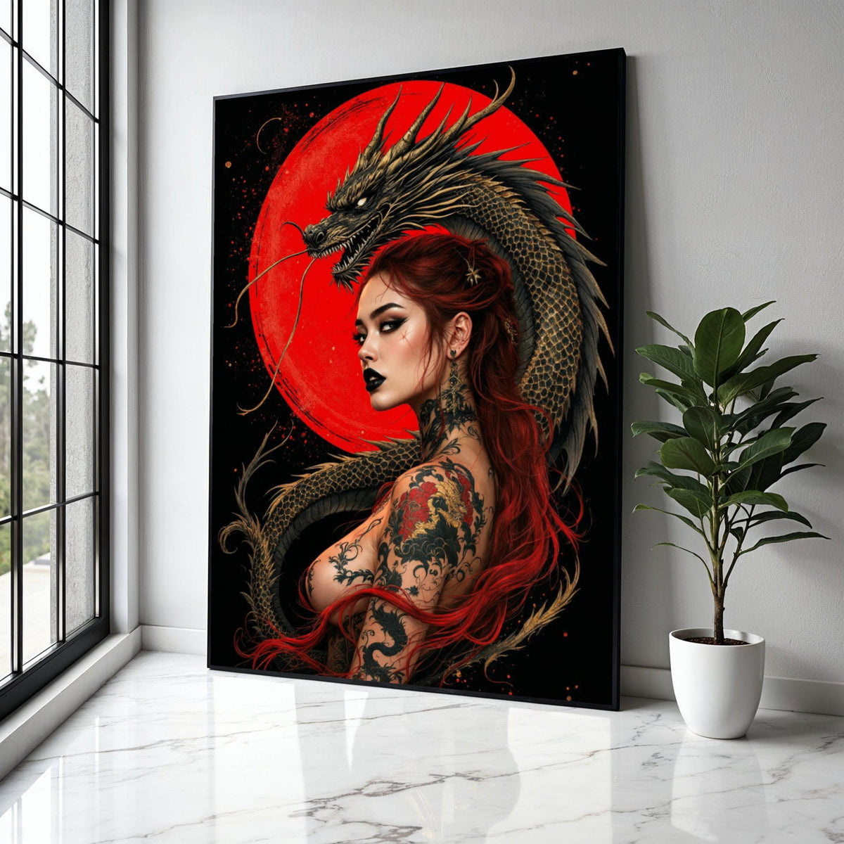 Fierce Red-Haired Woman with Dragon Tattoo, Japanese Art Canvas, Mythical Dragon Wall Art, Asian Tattoo Design, Gift Art, Home Decor, Print