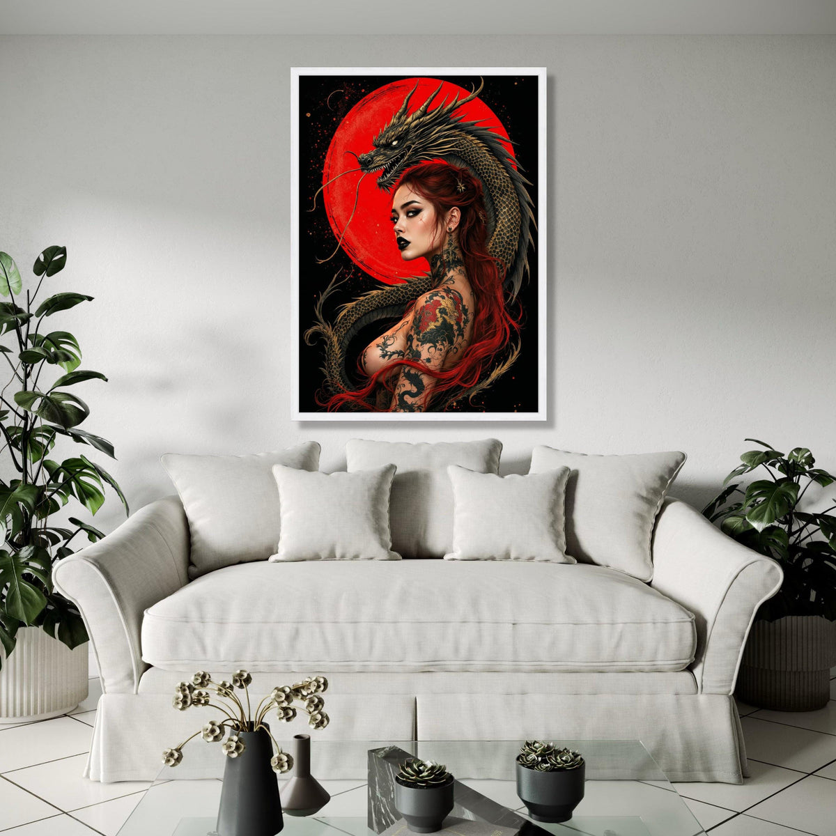 Fierce Red-Haired Woman with Dragon Tattoo, Japanese Art Canvas, Mythical Dragon Wall Art, Asian Tattoo Design, Gift Art, Home Decor, Print