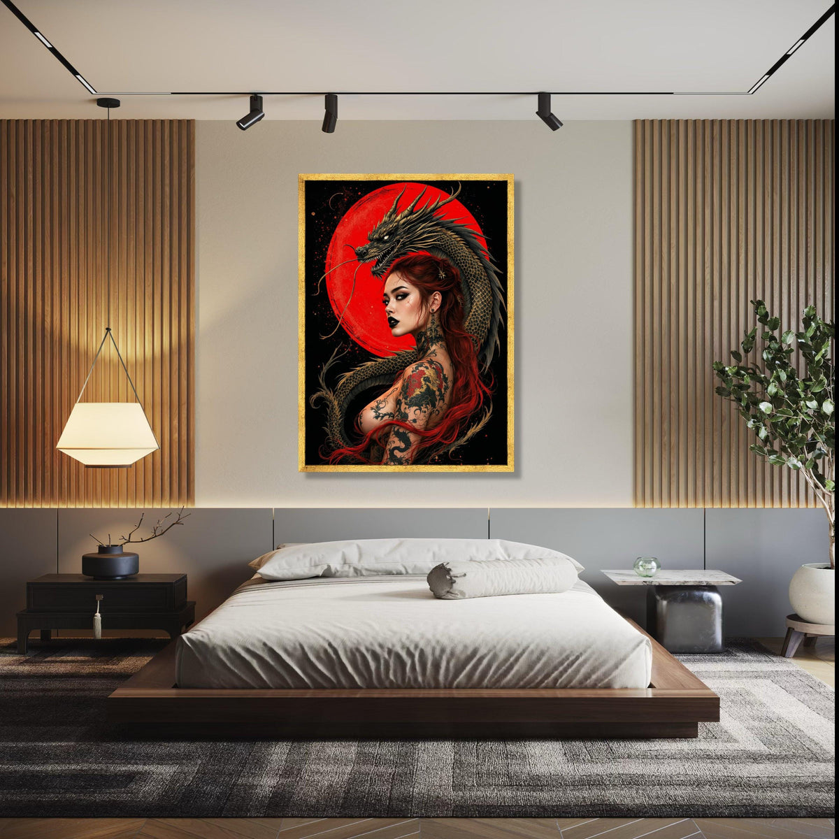 Fierce Red-Haired Woman with Dragon Tattoo, Japanese Art Canvas, Mythical Dragon Wall Art, Asian Tattoo Design, Gift Art, Home Decor, Print
