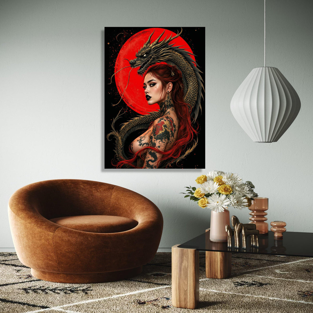 Fierce Red-Haired Woman with Dragon Tattoo, Japanese Art Canvas, Mythical Dragon Wall Art, Asian Tattoo Design, Gift Art, Home Decor, Print