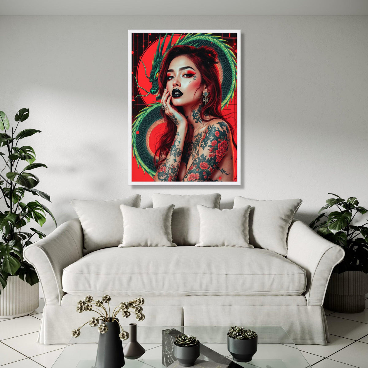 Japanese Dragon and Tattooed Woman Canvas, Bold Red Background Wall Art, Japanese Ink Style, Modern Oriental Gift Art, Home Decor, Print