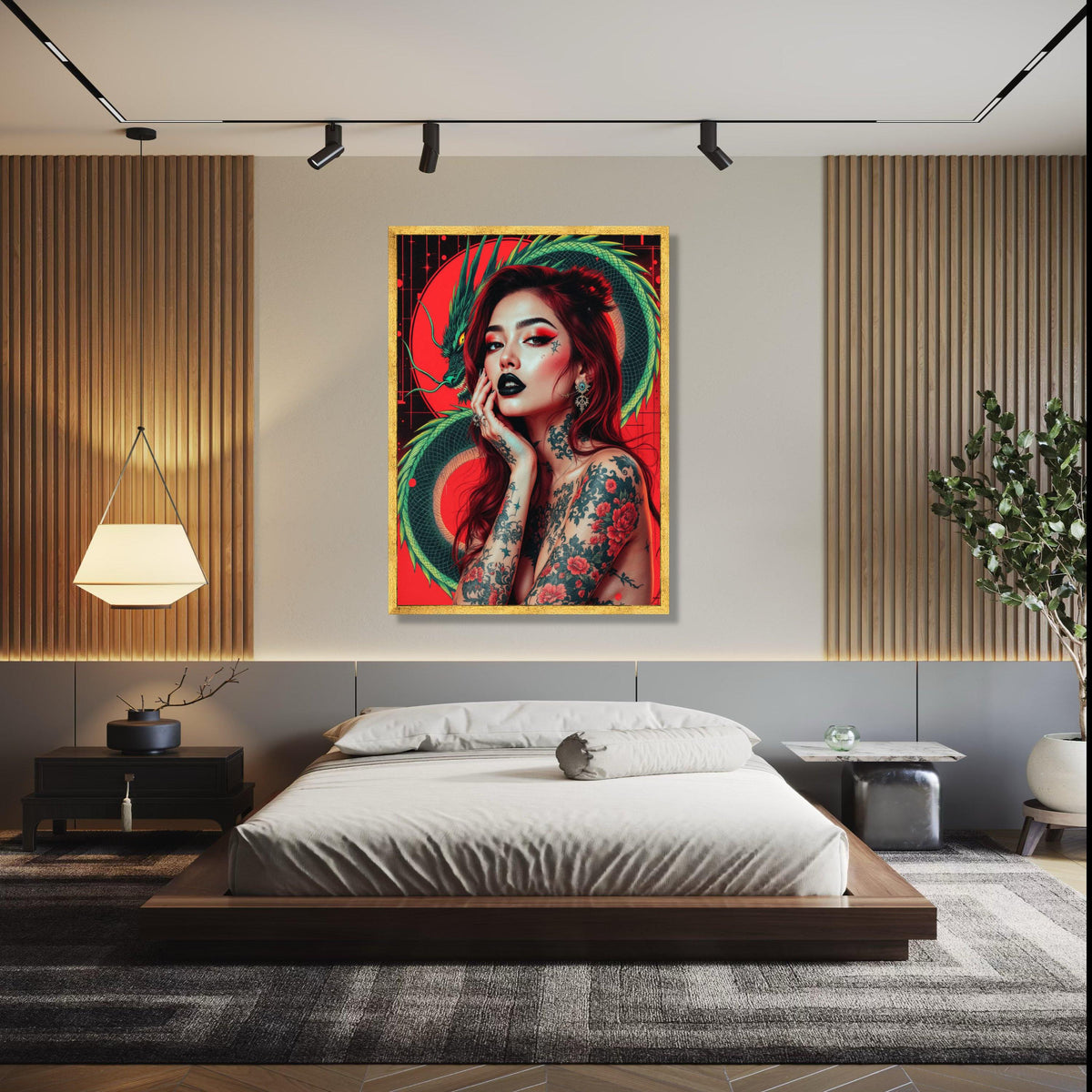 Japanese Dragon and Tattooed Woman Canvas, Bold Red Background Wall Art, Japanese Ink Style, Modern Oriental Gift Art, Home Decor, Print