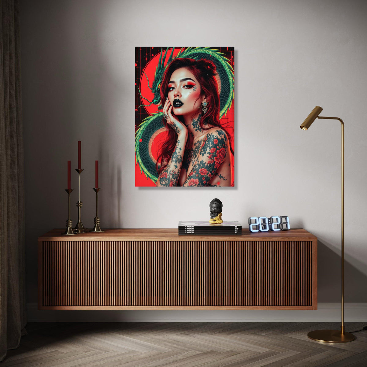 Japanese Dragon and Tattooed Woman Canvas, Bold Red Background Wall Art, Japanese Ink Style, Modern Oriental Gift Art, Home Decor, Print