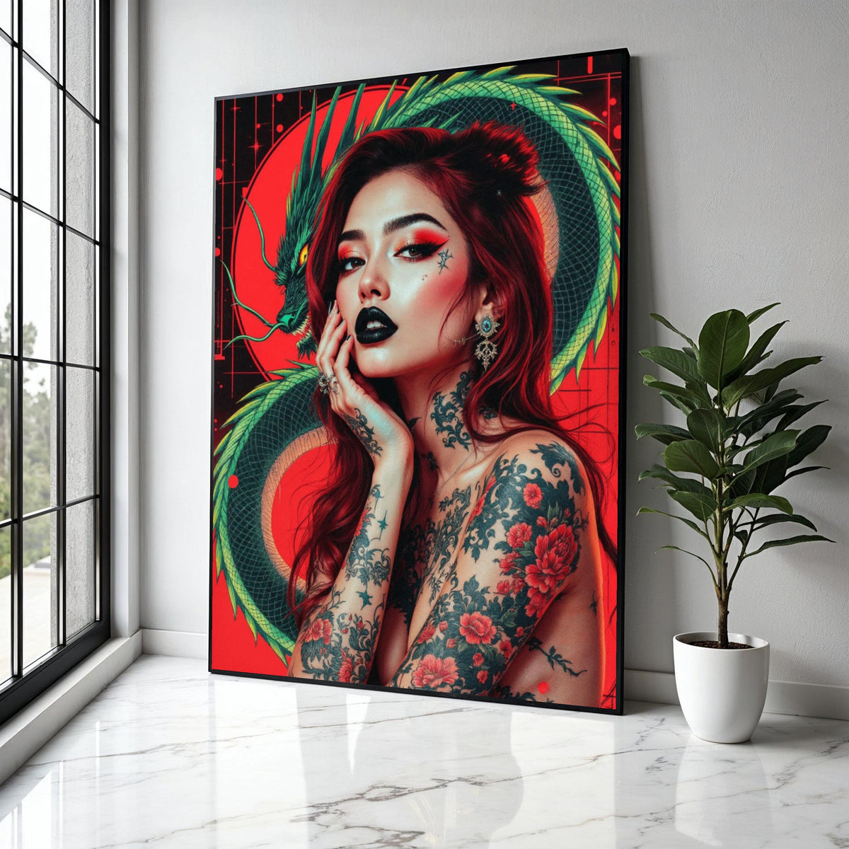Japanese Dragon and Tattooed Woman Canvas, Bold Red Background Wall Art, Japanese Ink Style, Modern Oriental Gift Art, Home Decor, Print
