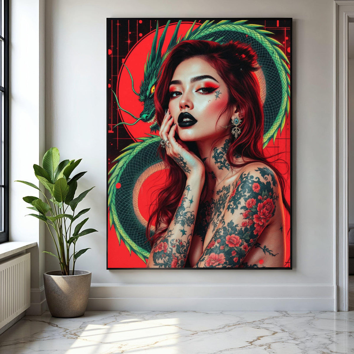 Japanese Dragon and Tattooed Woman Canvas, Bold Red Background Wall Art, Japanese Ink Style, Modern Oriental Gift Art, Home Decor, Print