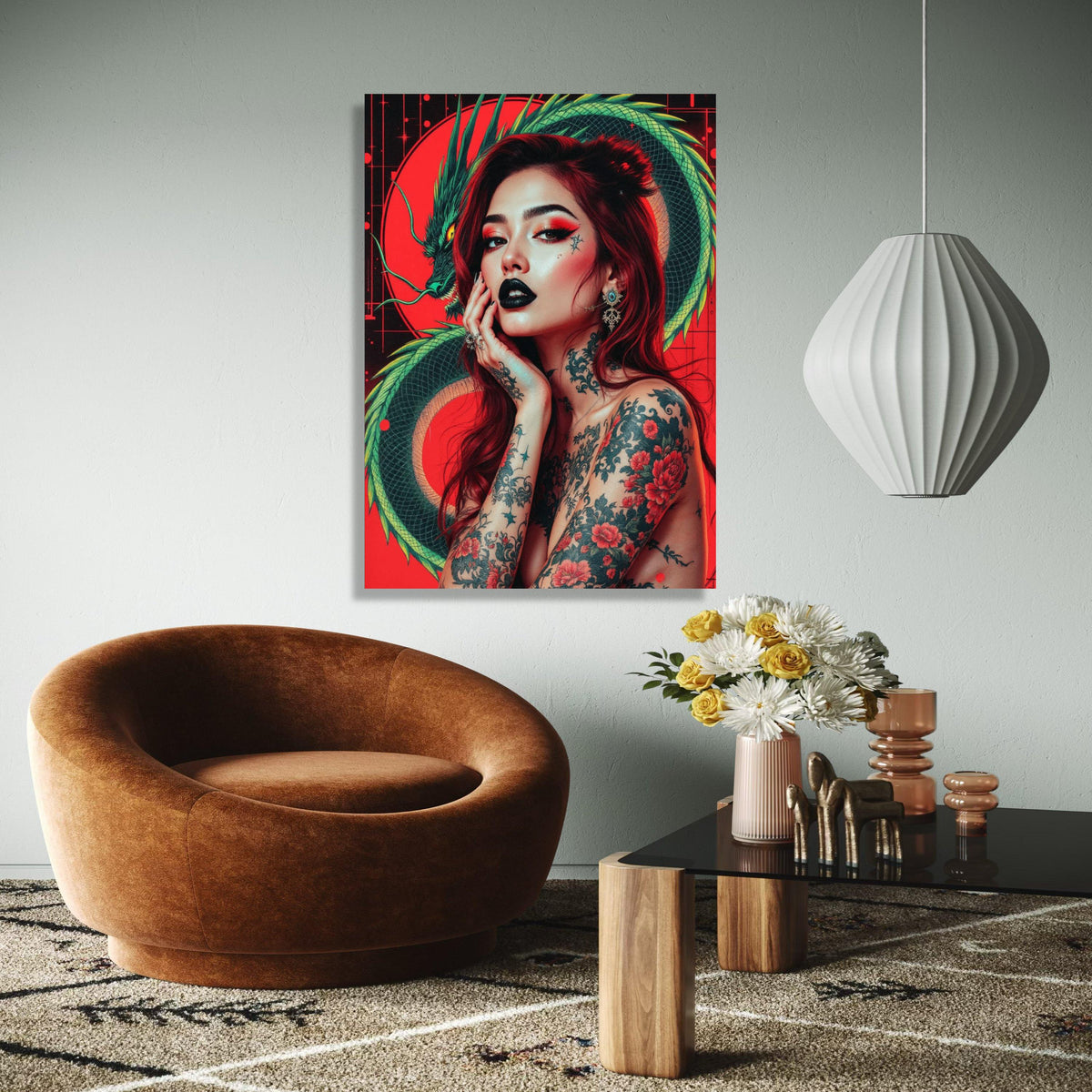 Japanese Dragon and Tattooed Woman Canvas, Bold Red Background Wall Art, Japanese Ink Style, Modern Oriental Gift Art, Home Decor, Print