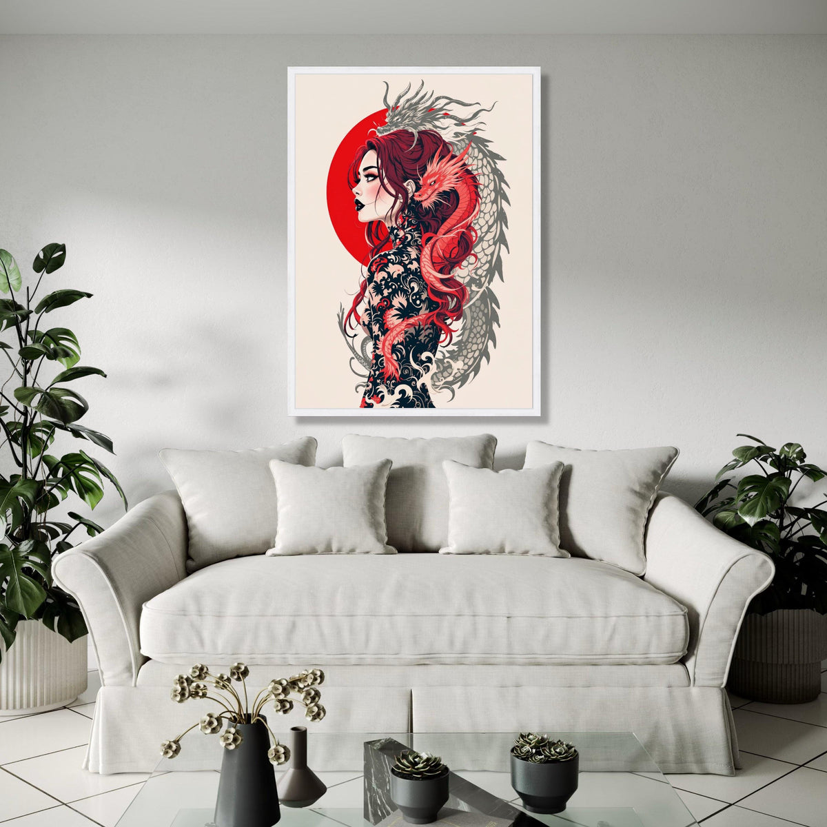Japanese Dragon Woman Canvas Wall Art, Mythical Tattoo Design, Red Sun Circle, Asian Fantasy Illustration, Gift Art, Home Decor, Print