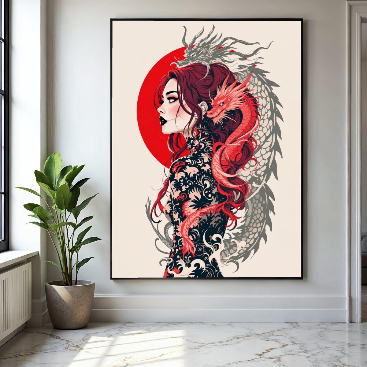 Japanese Dragon Woman Canvas Wall Art, Mythical Tattoo Design, Red Sun Circle, Asian Fantasy Illustration, Gift Art, Home Decor, Print