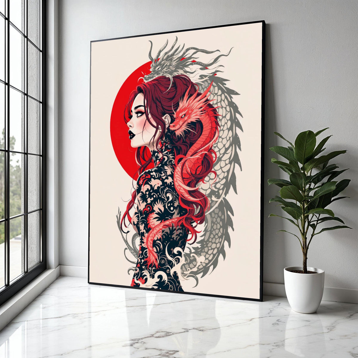Japanese Dragon Woman Canvas Wall Art, Mythical Tattoo Design, Red Sun Circle, Asian Fantasy Illustration, Gift Art, Home Decor, Print