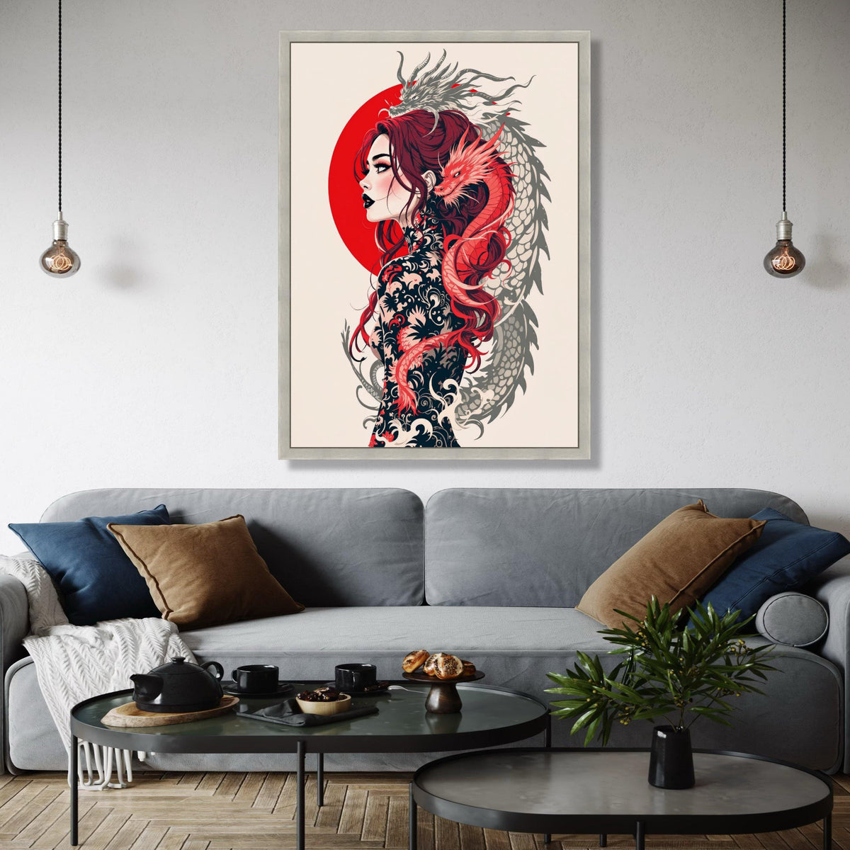 Japanese Dragon Woman Canvas Wall Art, Mythical Tattoo Design, Red Sun Circle, Asian Fantasy Illustration, Gift Art, Home Decor, Print