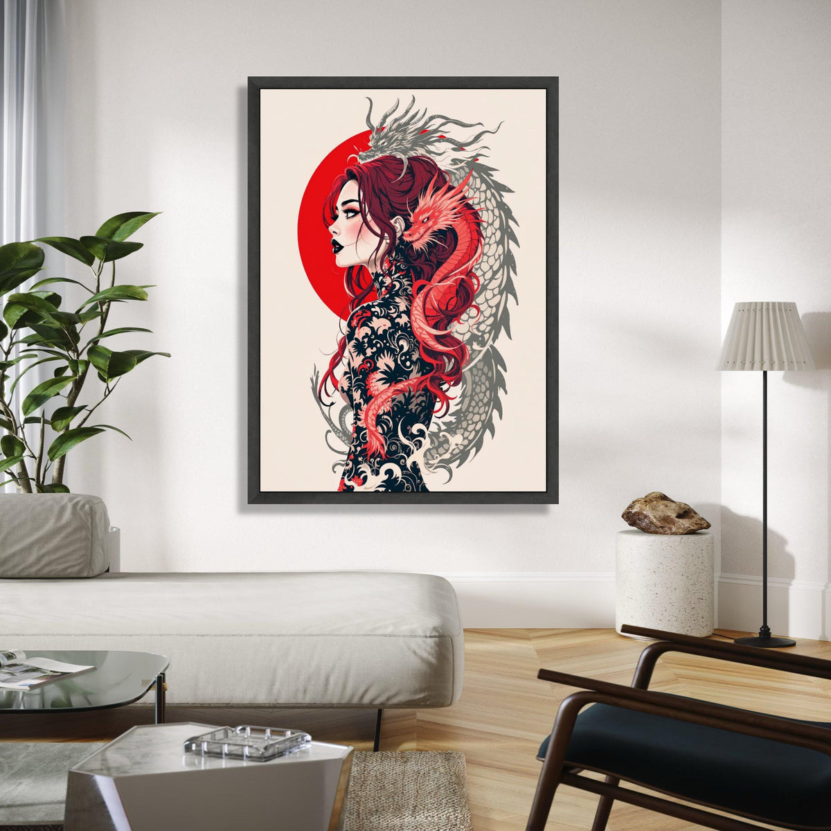 Japanese Dragon Woman Canvas Wall Art, Mythical Tattoo Design, Red Sun Circle, Asian Fantasy Illustration, Gift Art, Home Decor, Print