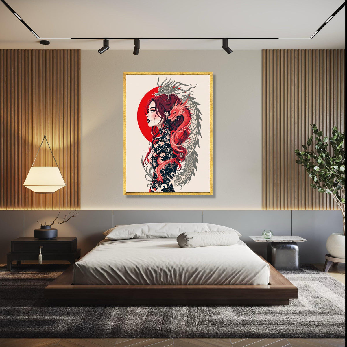 Japanese Dragon Woman Canvas Wall Art, Mythical Tattoo Design, Red Sun Circle, Asian Fantasy Illustration, Gift Art, Home Decor, Print