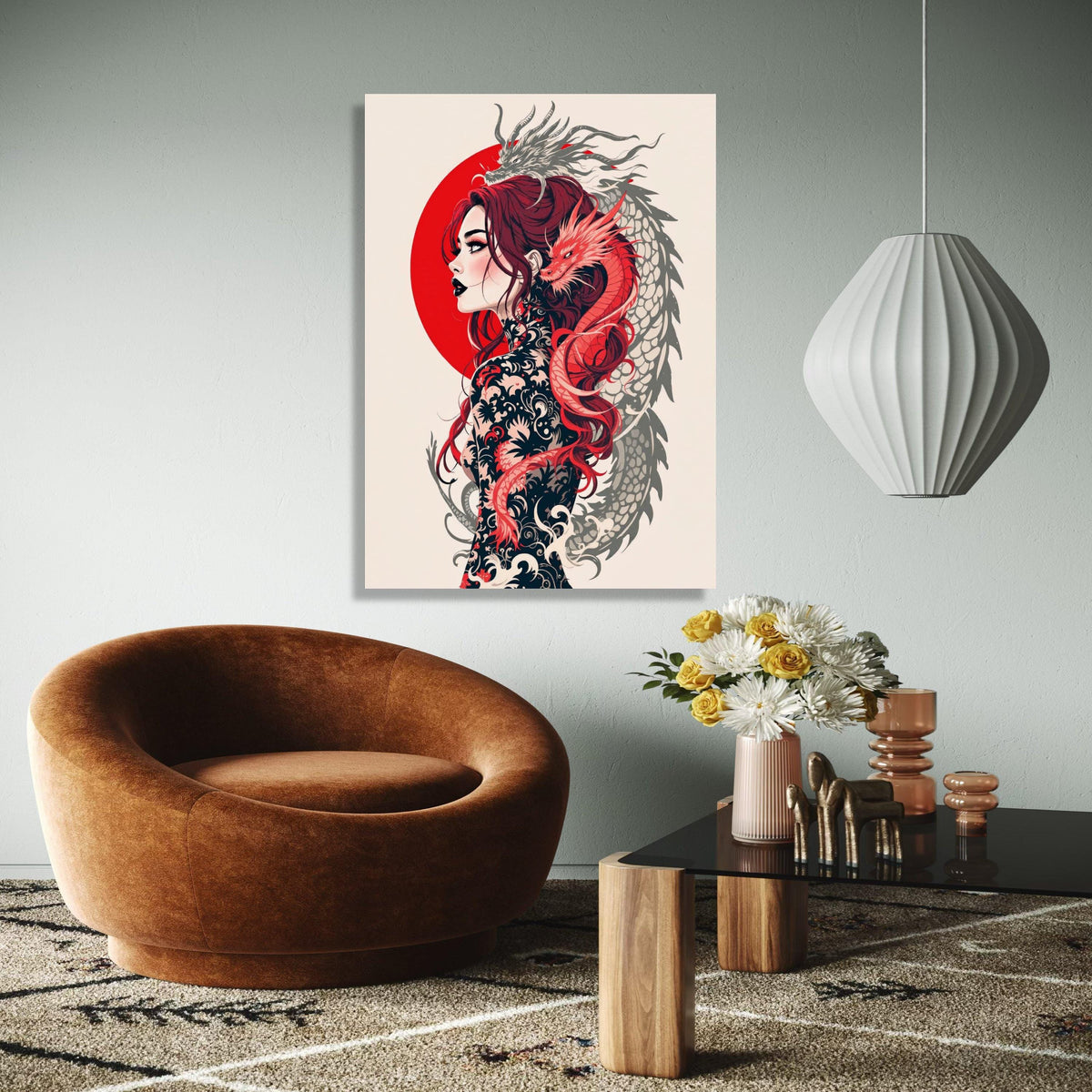 Japanese Dragon Woman Canvas Wall Art, Mythical Tattoo Design, Red Sun Circle, Asian Fantasy Illustration, Gift Art, Home Decor, Print