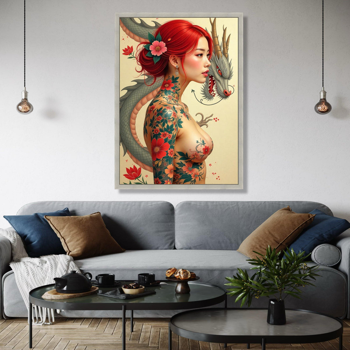 Japanese Dragon and Red-Haired Woman Canvas, Floral Tattoo Art, Asian Mythology Wall Art, Japon Style Portrait Gift Art, Home Decor, Print
