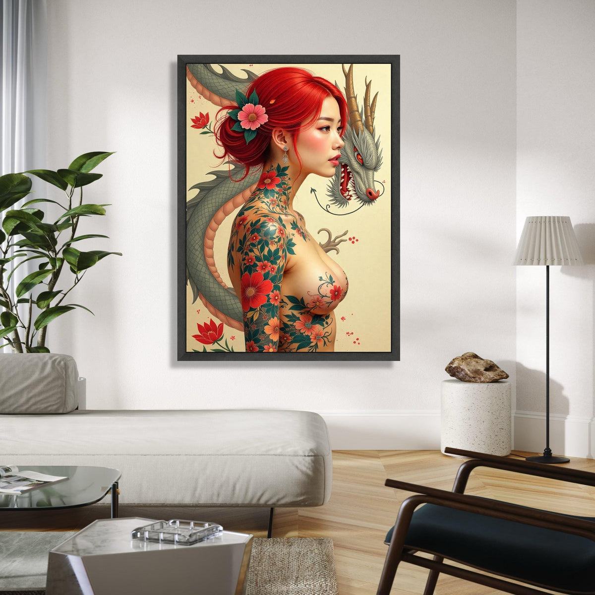 Japanese Dragon and Red-Haired Woman Canvas, Floral Tattoo Art, Asian Mythology Wall Art, Japon Style Portrait Gift Art, Home Decor, Print