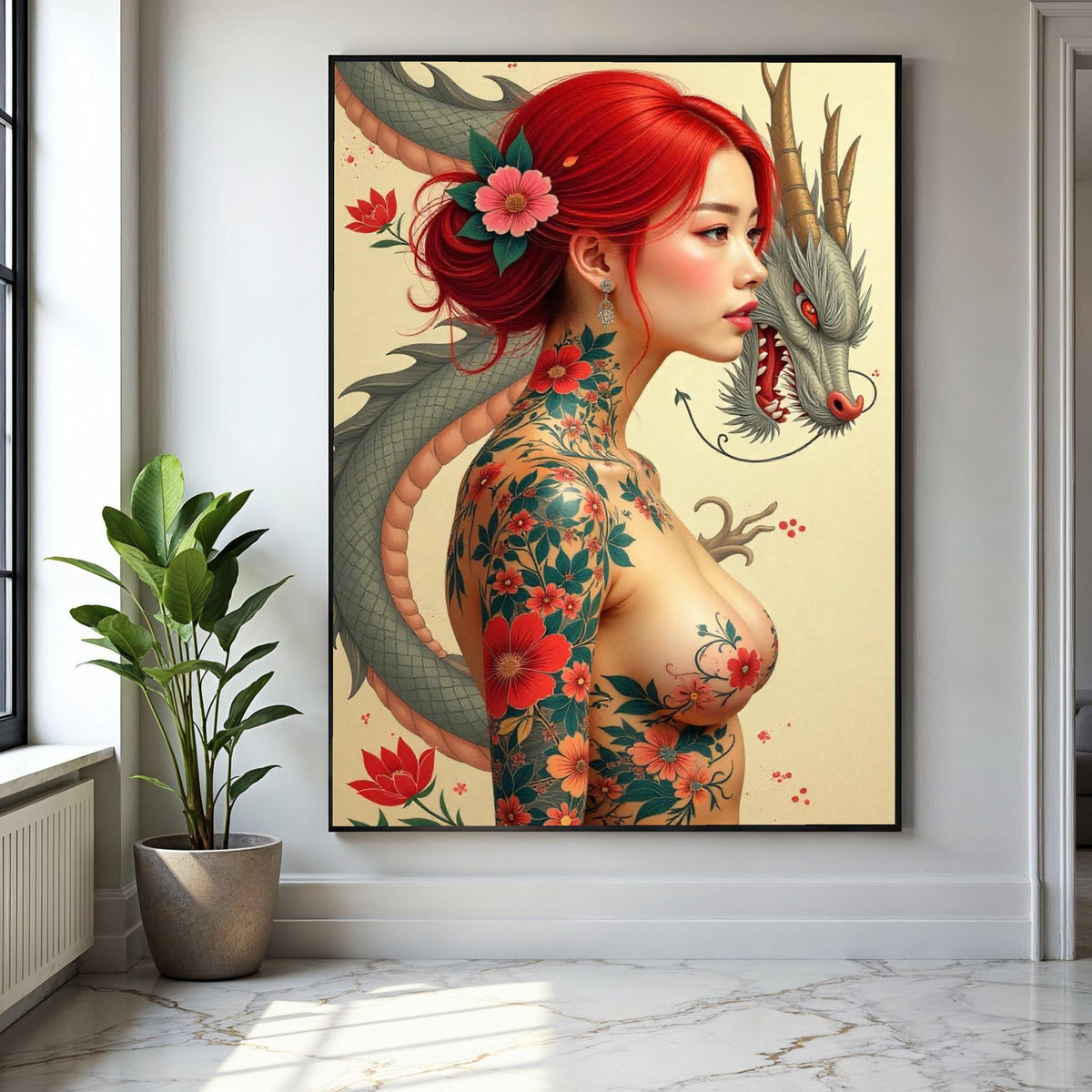 Japanese Dragon and Red-Haired Woman Canvas, Floral Tattoo Art, Asian Mythology Wall Art, Japon Style Portrait Gift Art, Home Decor, Print