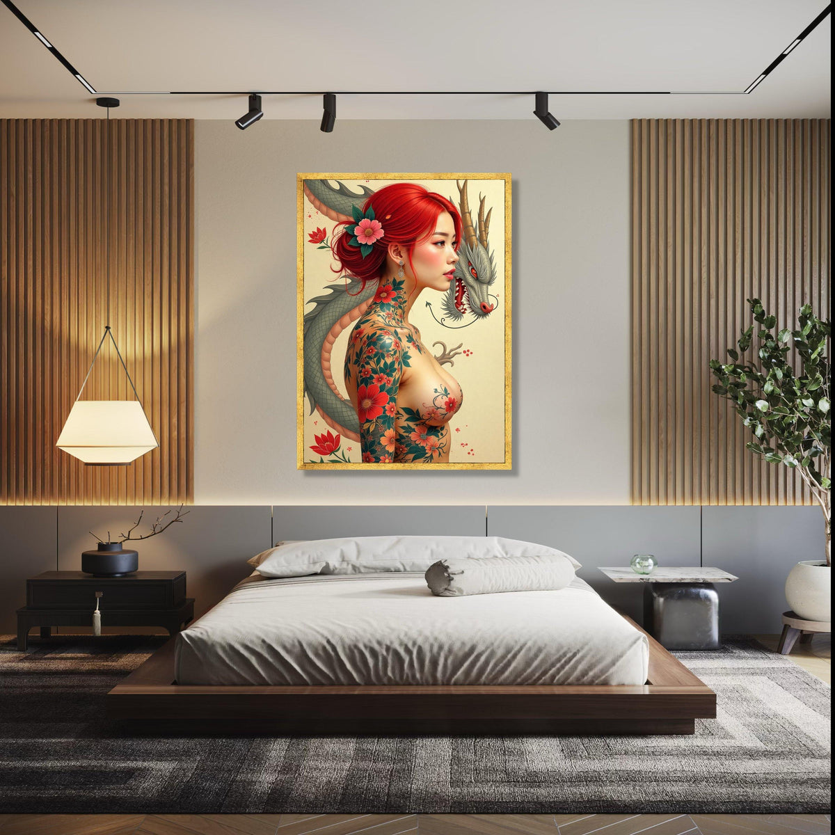 Japanese Dragon and Red-Haired Woman Canvas, Floral Tattoo Art, Asian Mythology Wall Art, Japon Style Portrait Gift Art, Home Decor, Print