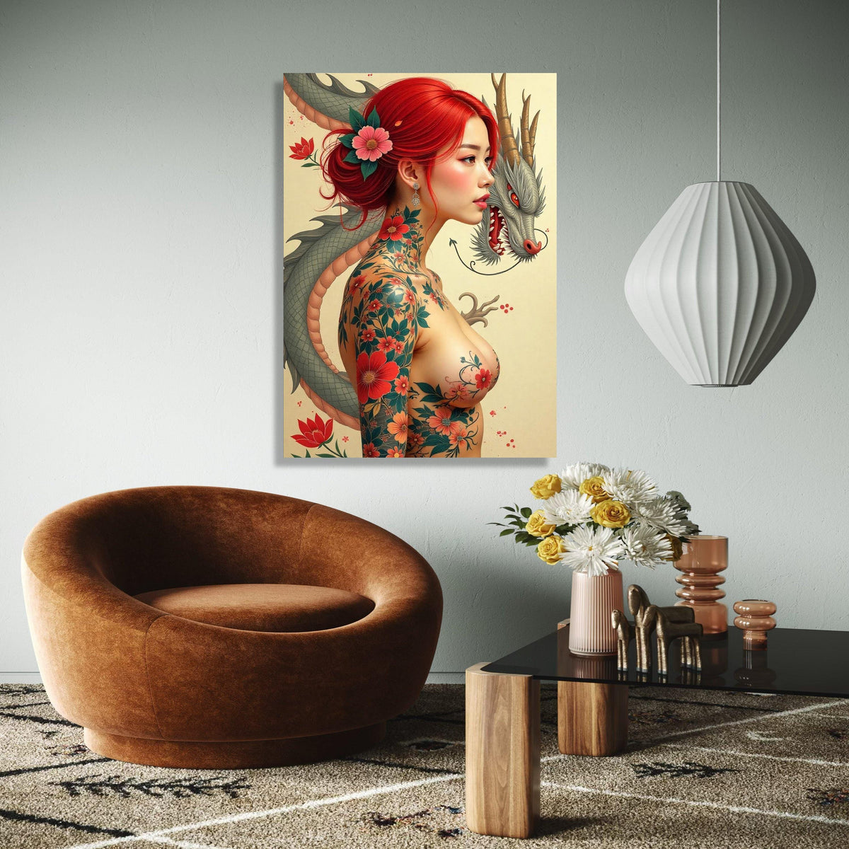Japanese Dragon and Red-Haired Woman Canvas, Floral Tattoo Art, Asian Mythology Wall Art, Japon Style Portrait Gift Art, Home Decor, Print