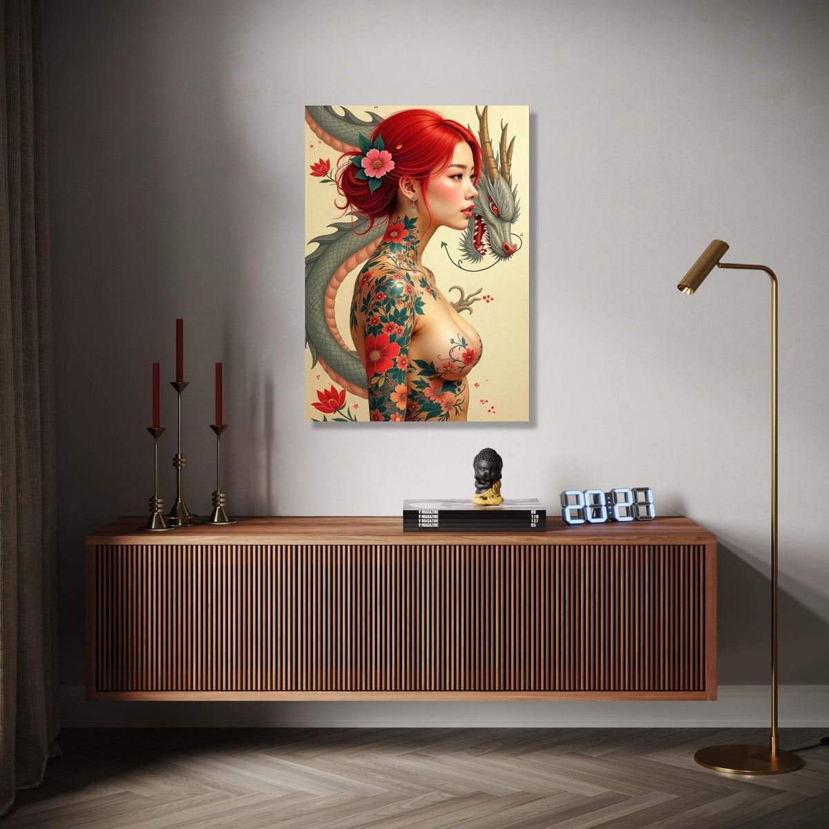 Japanese Dragon and Red-Haired Woman Canvas, Floral Tattoo Art, Asian Mythology Wall Art, Japon Style Portrait Gift Art, Home Decor, Print