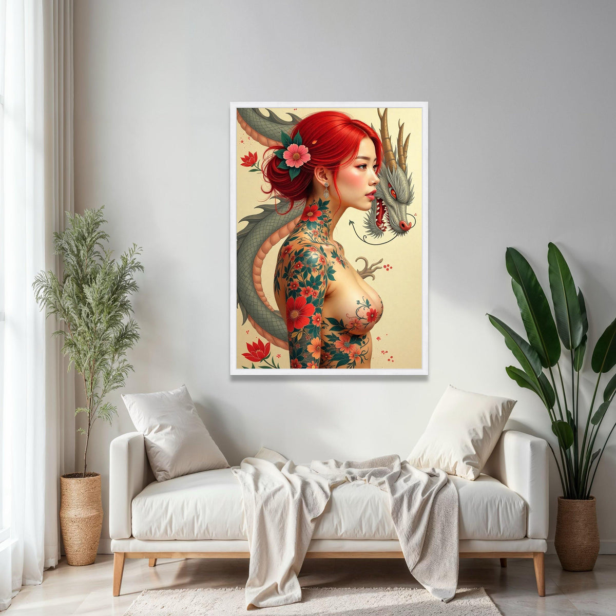 Japanese Dragon and Red-Haired Woman Canvas, Floral Tattoo Art, Asian Mythology Wall Art, Japon Style Portrait Gift Art, Home Decor, Print