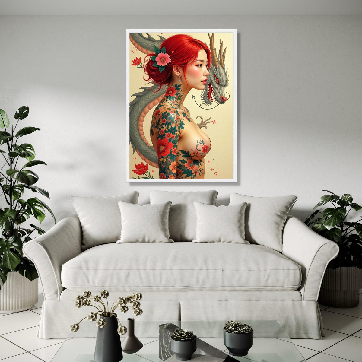Japanese Dragon and Red-Haired Woman Canvas, Floral Tattoo Art, Asian Mythology Wall Art, Japon Style Portrait Gift Art, Home Decor, Print