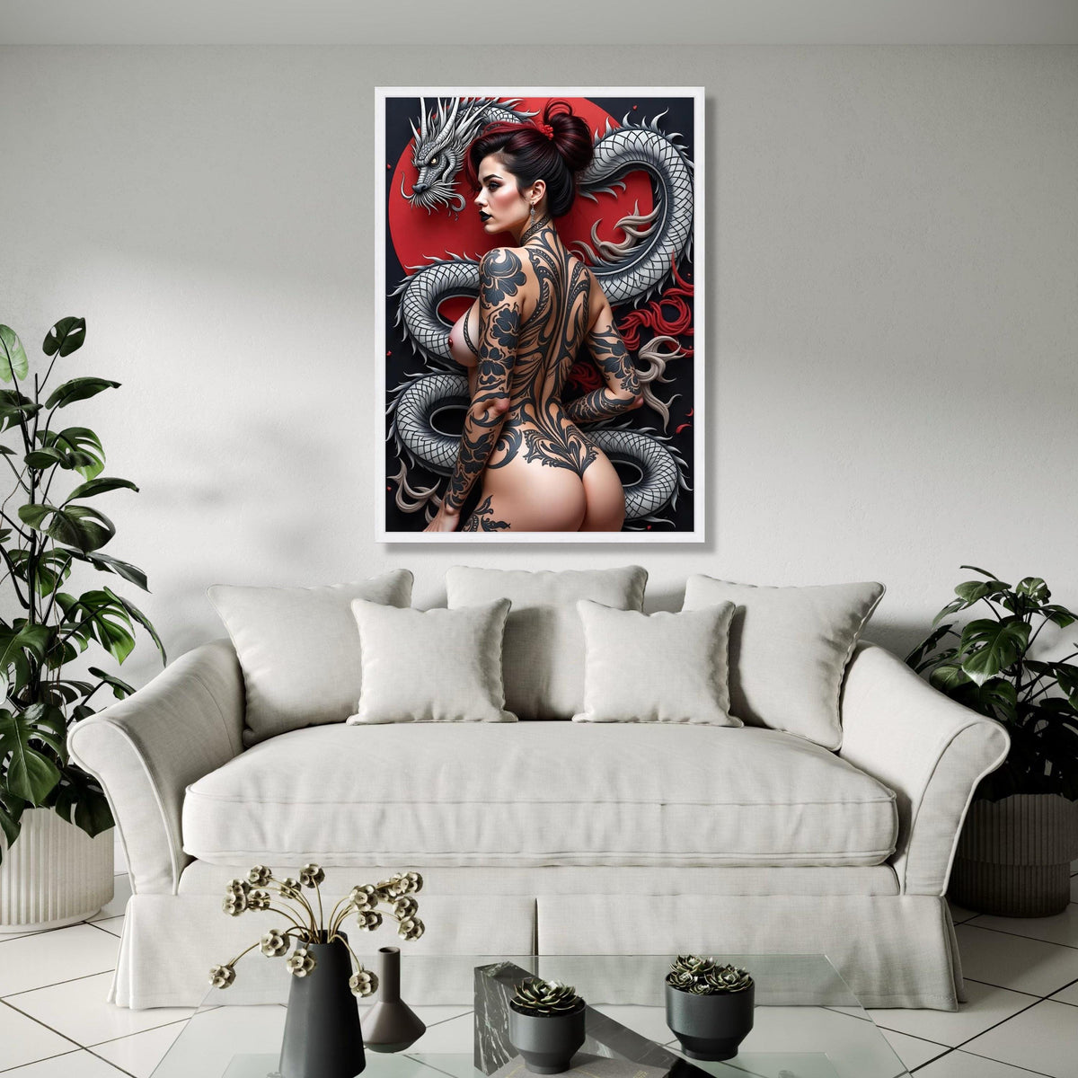 Japanese Dragon Tattoo Woman Canvas, Oriental Ink Art Wall Decor, Bold Black Tattoo Design, Modern Japon Style Gift Art, Home Decor, Print