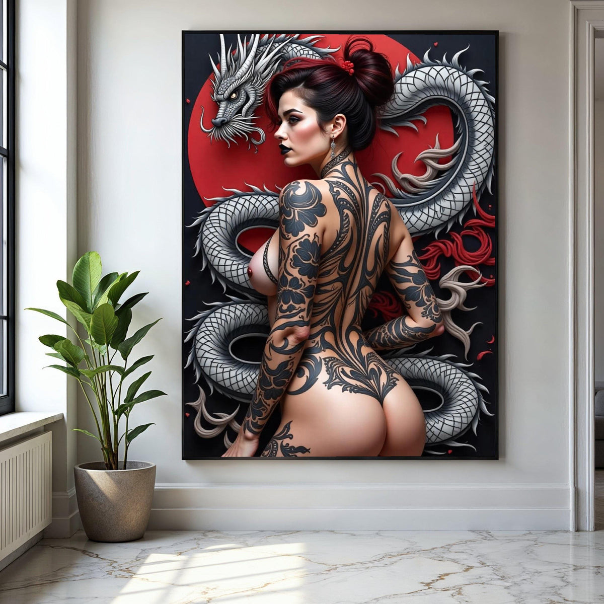 Japanese Dragon Tattoo Woman Canvas, Oriental Ink Art Wall Decor, Bold Black Tattoo Design, Modern Japon Style Gift Art, Home Decor, Print