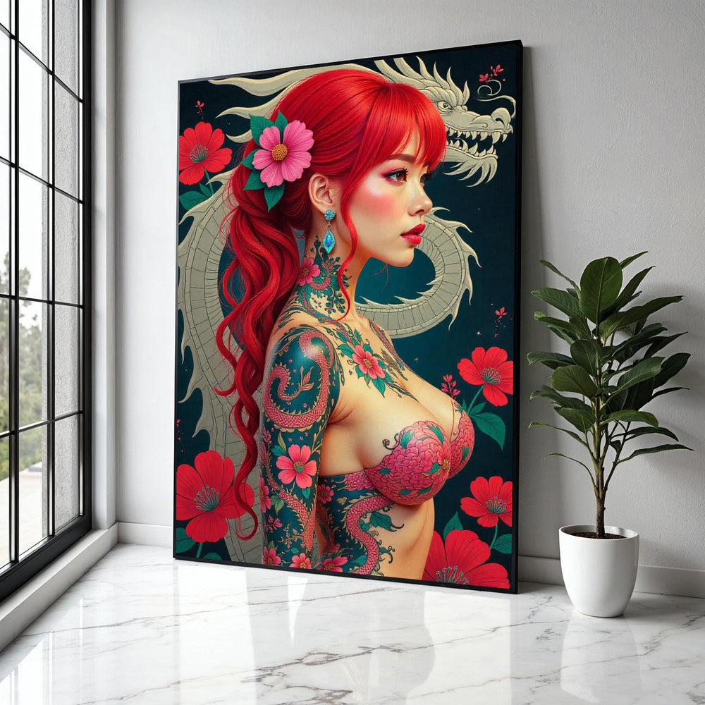 Vibrant Red Hair Japanese Tattoo Girl Canvas, Floral Dragon Wall Art, Modern Japon Style Canvas, Exotic Asian Gift Art, Home Decor, Print