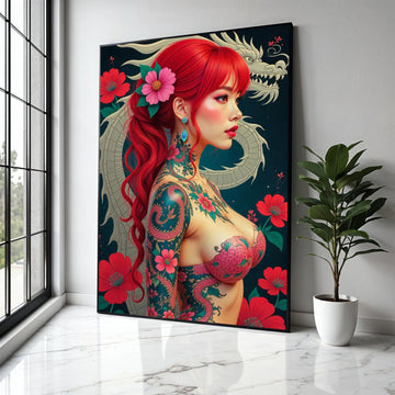 Vibrant Red Hair Japanese Tattoo Girl Canvas, Floral Dragon Wall Art, Modern Japon Style Canvas, Exotic Asian Gift Art, Home Decor, Print