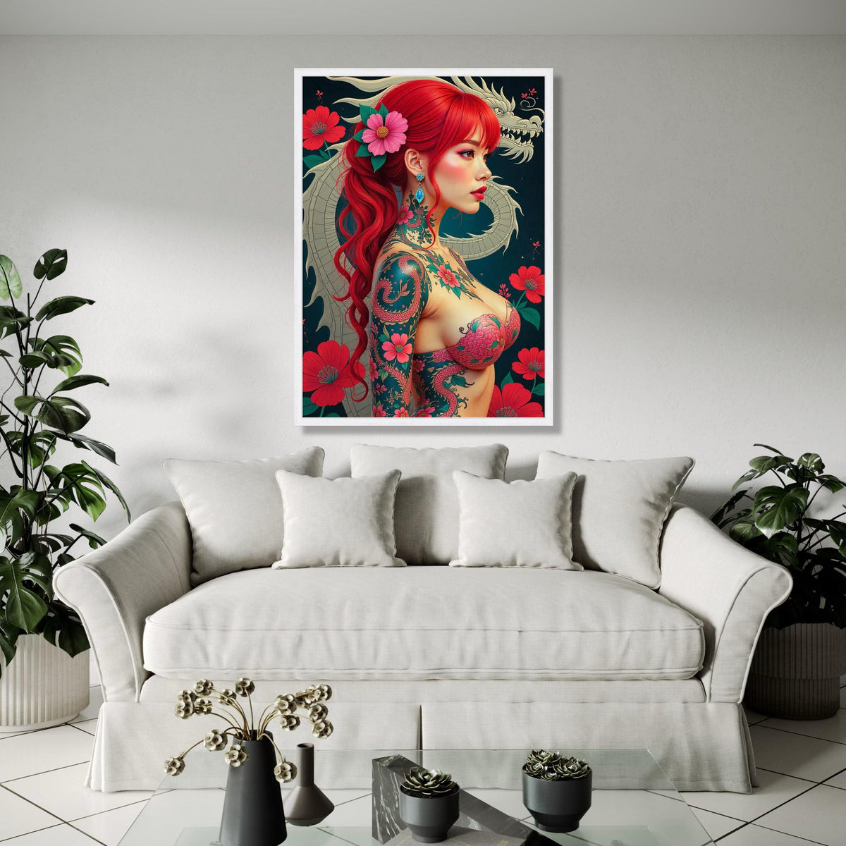 Vibrant Red Hair Japanese Tattoo Girl Canvas, Floral Dragon Wall Art, Modern Japon Style Canvas, Exotic Asian Gift Art, Home Decor, Print