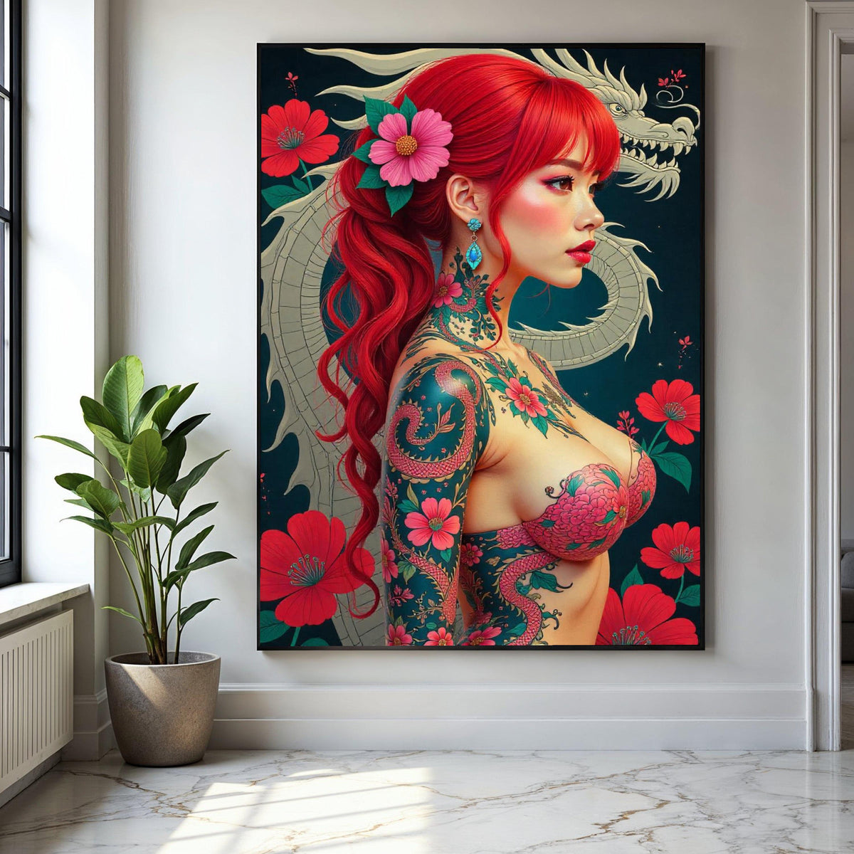 Vibrant Red Hair Japanese Tattoo Girl Canvas, Floral Dragon Wall Art, Modern Japon Style Canvas, Exotic Asian Gift Art, Home Decor, Print