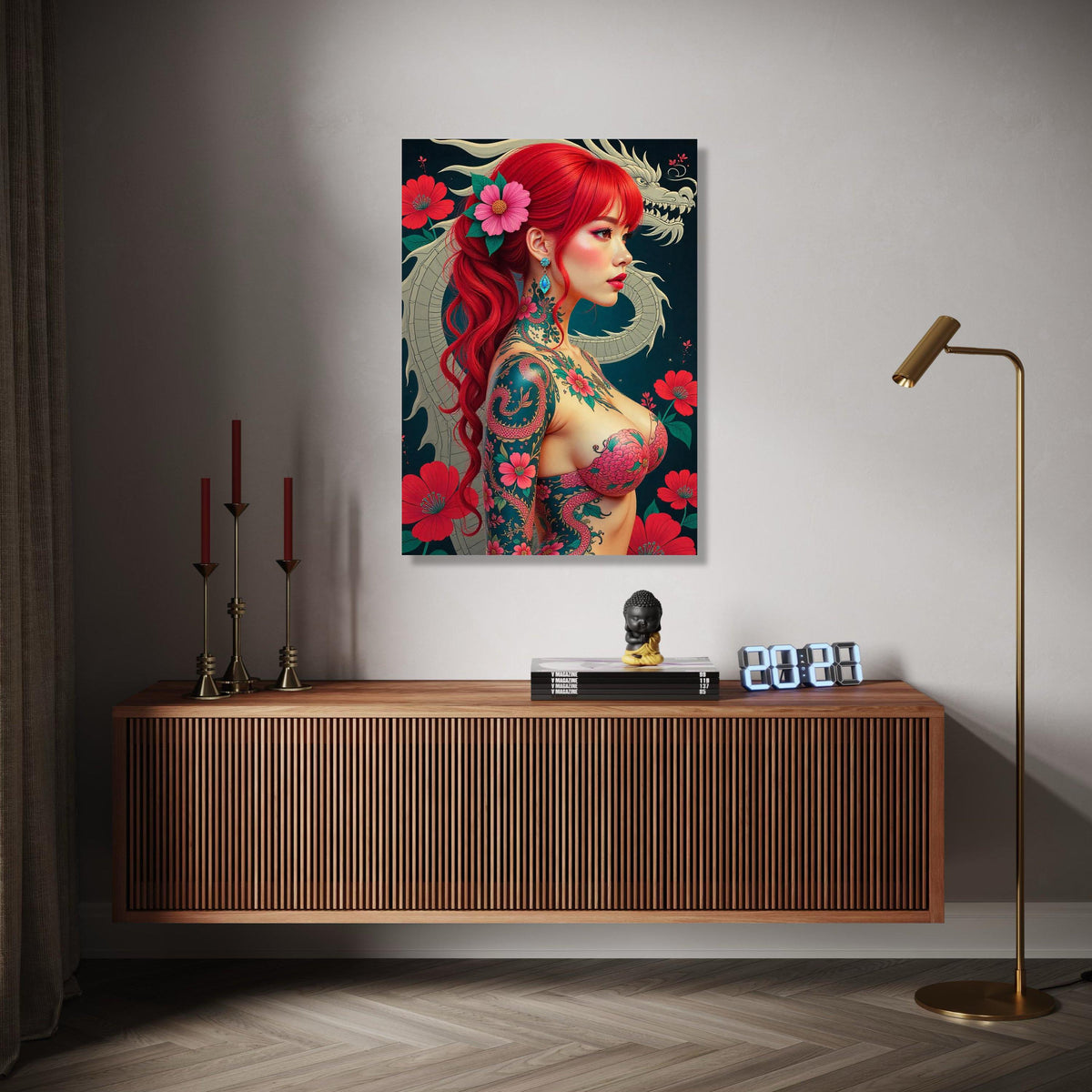 Vibrant Red Hair Japanese Tattoo Girl Canvas, Floral Dragon Wall Art, Modern Japon Style Canvas, Exotic Asian Gift Art, Home Decor, Print