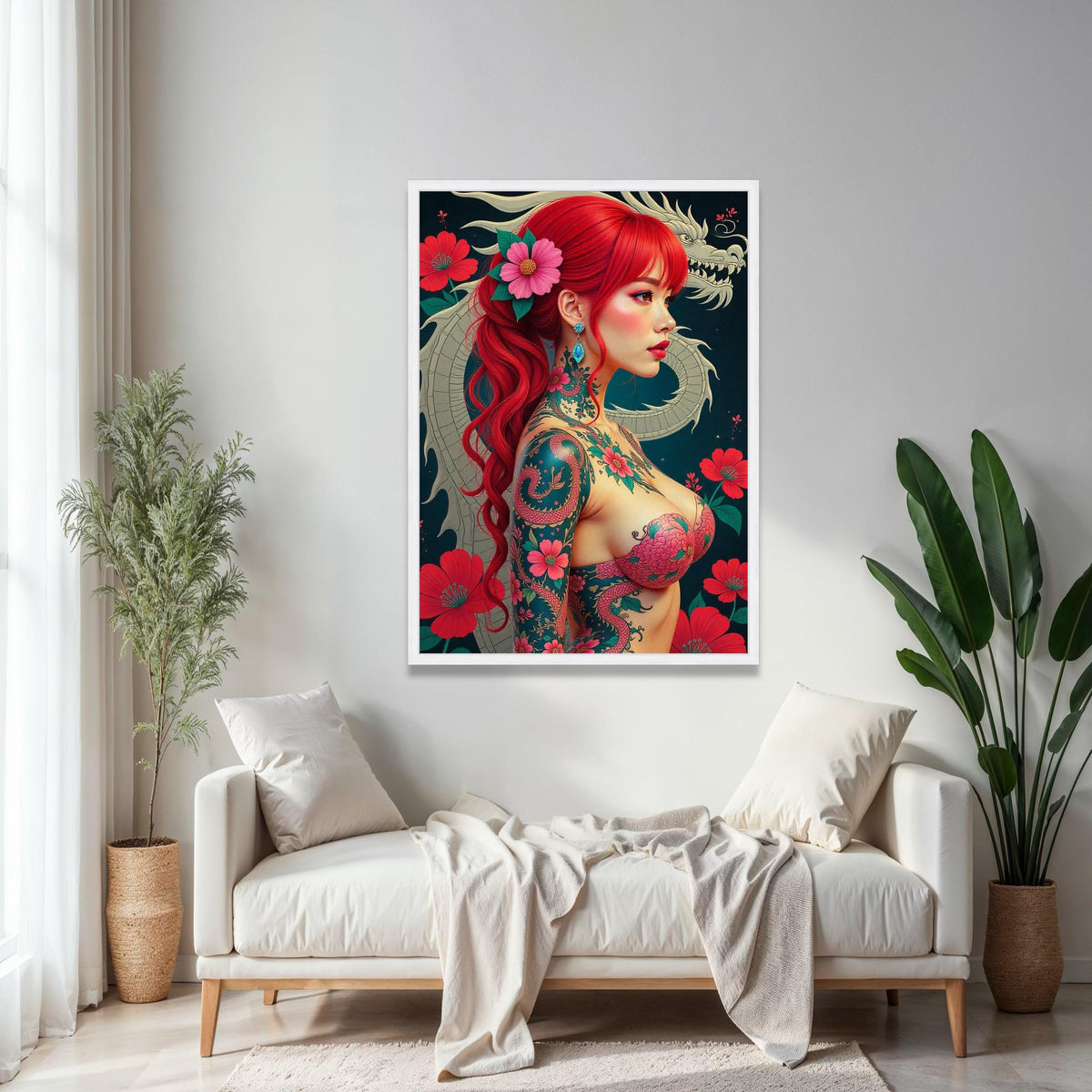 Vibrant Red Hair Japanese Tattoo Girl Canvas, Floral Dragon Wall Art, Modern Japon Style Canvas, Exotic Asian Gift Art, Home Decor, Print