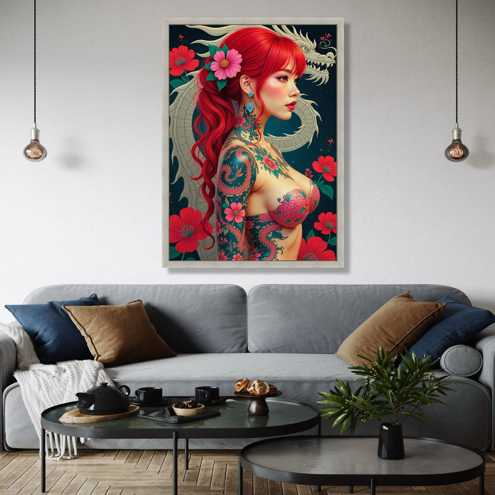 Vibrant Red Hair Japanese Tattoo Girl Canvas, Floral Dragon Wall Art, Modern Japon Style Canvas, Exotic Asian Gift Art, Home Decor, Print