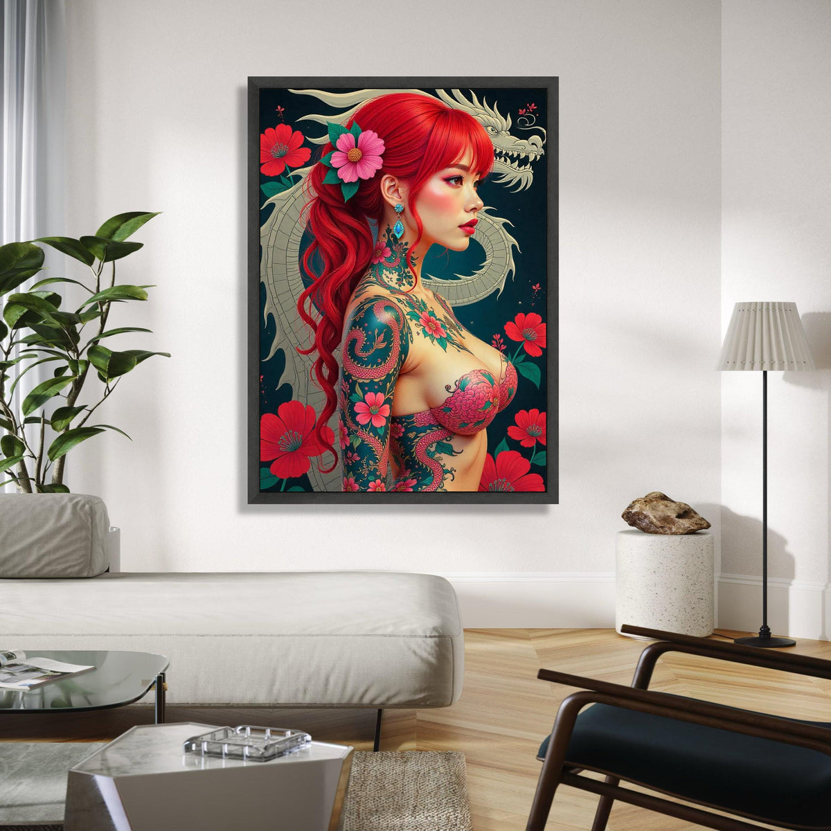 Vibrant Red Hair Japanese Tattoo Girl Canvas, Floral Dragon Wall Art, Modern Japon Style Canvas, Exotic Asian Gift Art, Home Decor, Print