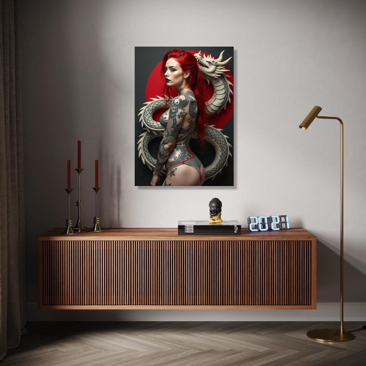 Red-Haired Tattooed Woman with Dragon Sculpture, Gothic Body Art Canvas, Dark Fantasy Wall Decor, Modern Gift Art, Home Decor, Print