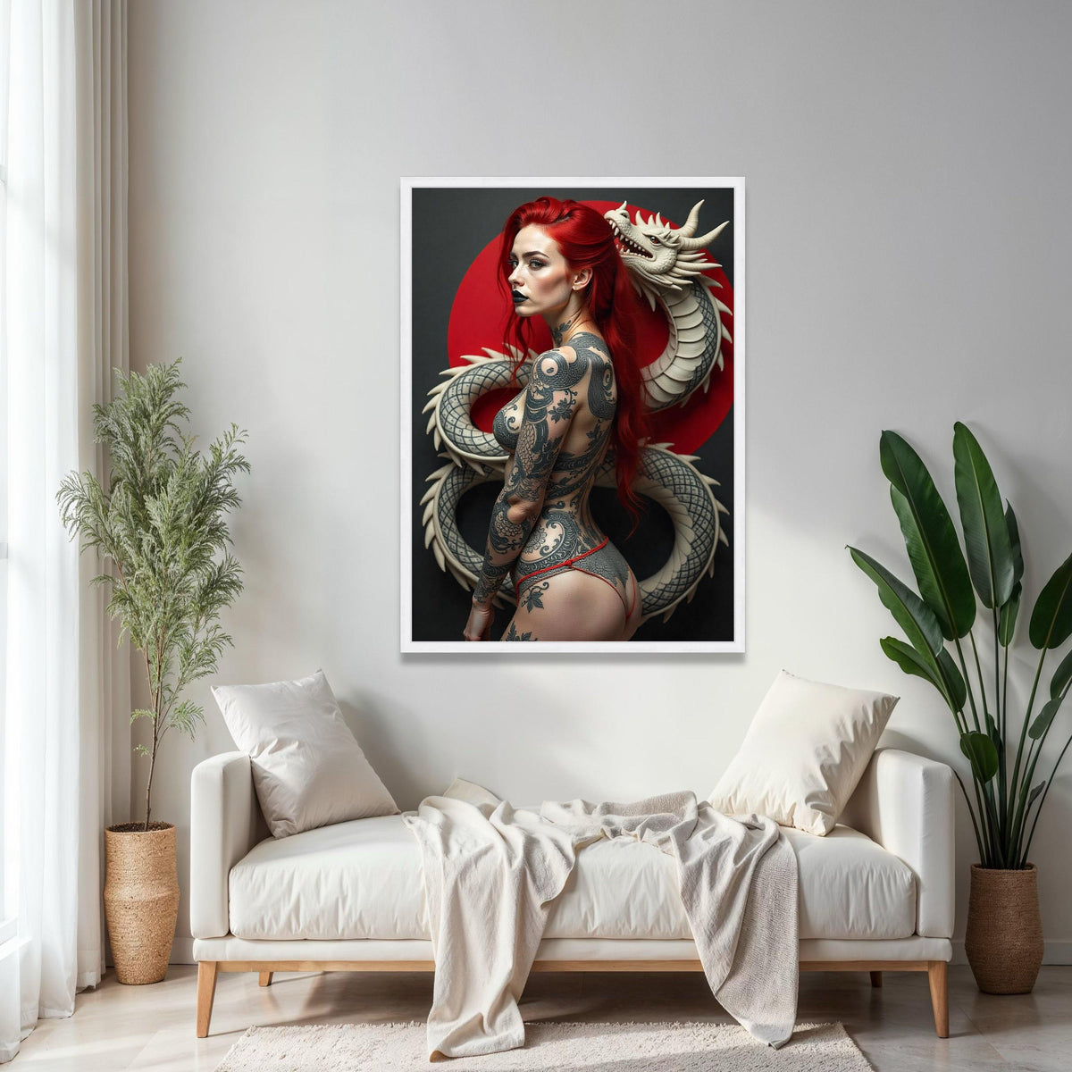 Red-Haired Tattooed Woman with Dragon Sculpture, Gothic Body Art Canvas, Dark Fantasy Wall Decor, Modern Gift Art, Home Decor, Print