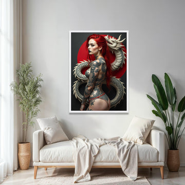 Red-Haired Tattooed Woman with Dragon Sculpture, Gothic Body Art Canvas, Dark Fantasy Wall Decor, Modern Gift Art, Home Decor, Print