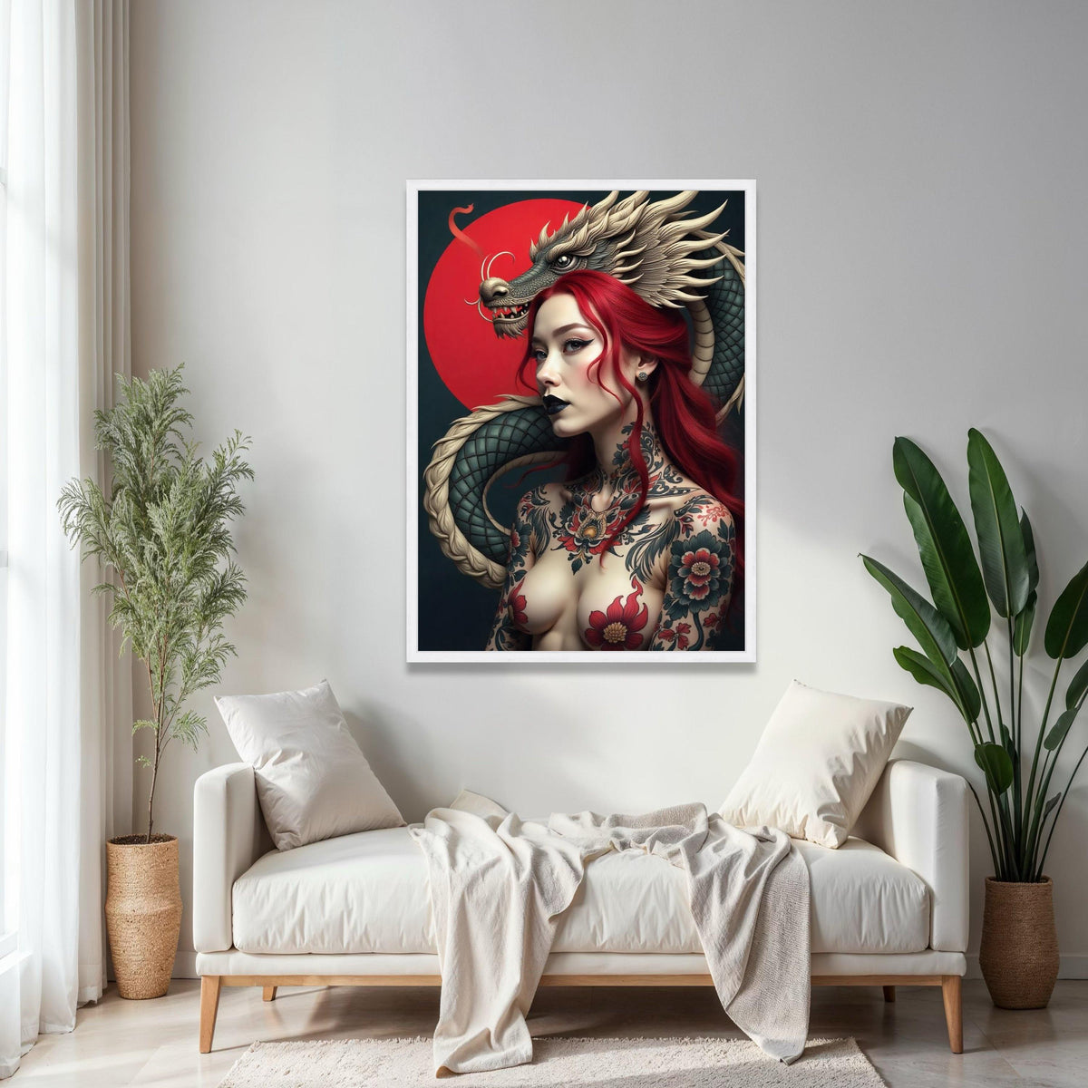 Red Haired Woman with Dragon Canvas, Tattoo Art Wall Decor, Asian Mythology Canvas, Bold Fantasy Portrait, Gift Art, Home Decor, Print