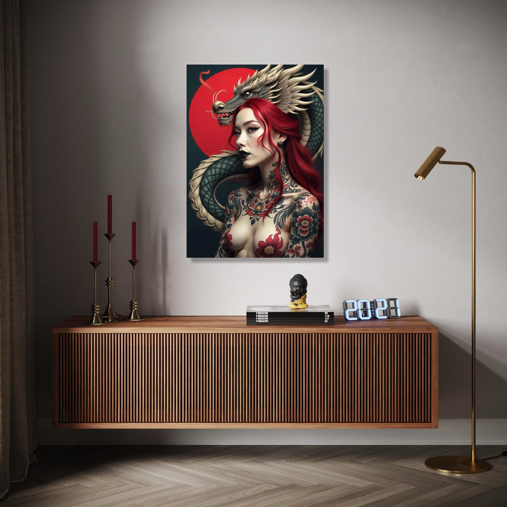 Red Haired Woman with Dragon Canvas, Tattoo Art Wall Decor, Asian Mythology Canvas, Bold Fantasy Portrait, Gift Art, Home Decor, Print