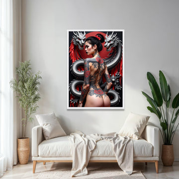 Bold Tattooed Woman with Red Floral Art, Asian Dragon Canvas, Modern Body Art Wall Decor, Edgy Contemporary Gift Art, Home Decor, Print